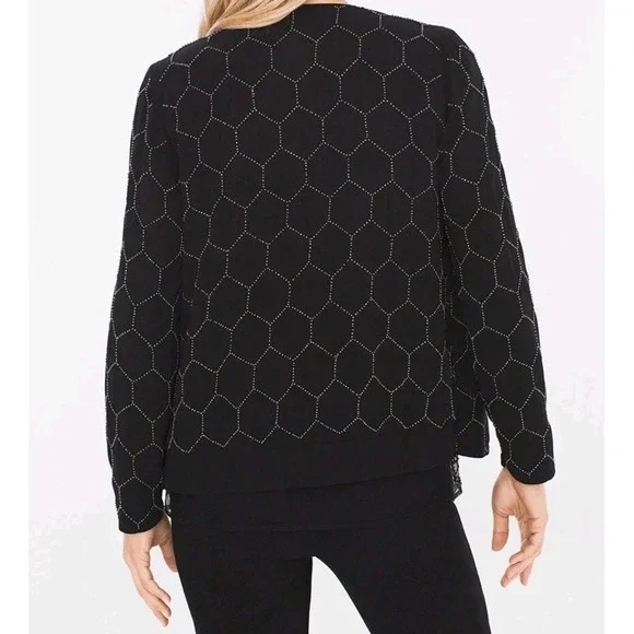 Chico's Beaded Full Zip Bomber Jacket Black Silver Sequined Embellished Sz L/2 - Picture 2 of 8